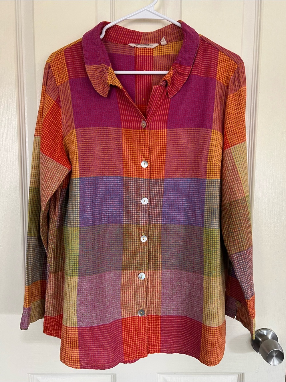 Soft Surroundings Linen Blend Patchwork Plaid Button Tunic Blouse L